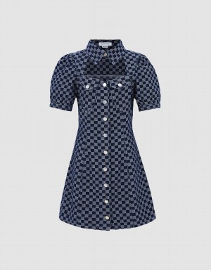 Women's Urban Revivo Checkered Cut Out Front Denim Dress Blue | RID1760ZL