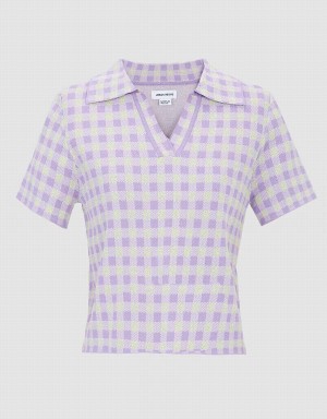 Women's Urban Revivo Checkered Short Sleeve Knitted Top Cardigan Purple | ZJD5133CI