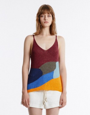 Women's Urban Revivo Colorblock Knitted Camisole Tank Top Red Multicolor | LYJ2673CQ