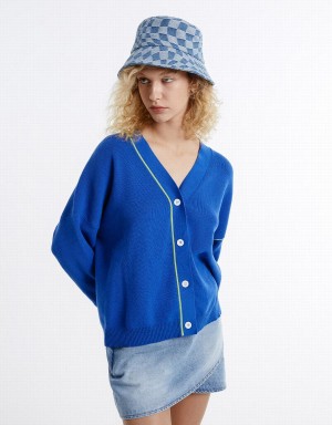 Women's Urban Revivo Contrast Stitch Cardigan Blue | DYH52VC