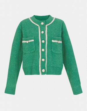 Women's Urban Revivo Contrast Trim Faux Pearl Button Cardigan Green | VTV2595VB