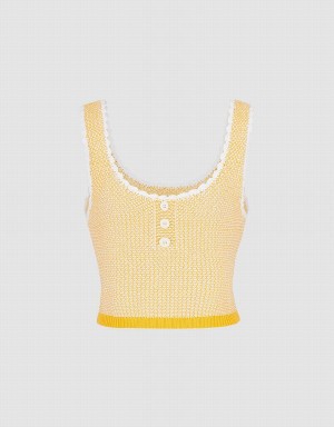 Women's Urban Revivo Contrast Trim Half Button Knitted Tank Top Yellow | XDW9141HJ