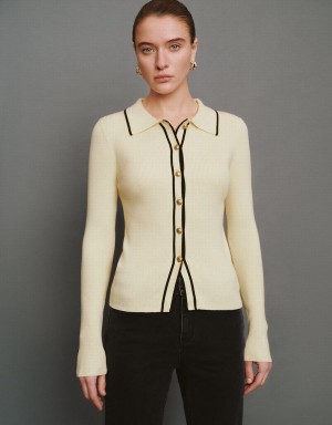 Women's Urban Revivo Contrast Trim Knitted Cardigan Beige | UWZ6282MN