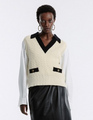 Women's Urban Revivo Contrast Trim Sweaters White | WLW8113HF