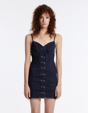 Women's Urban Revivo Corset Style Denim Dress Blue | AWX2760WS