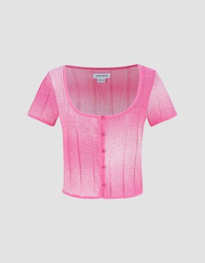 Women's Urban Revivo Crew Neck Knitted Cardigan Pink | ZDS8492FK