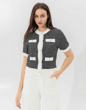 Women's Urban Revivo Crew Neck Knitted Cardigan Black | BTE5083WR