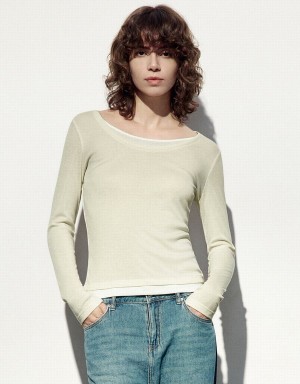 Women's Urban Revivo Crew Neck Knitted Skinny T Shirts Khaki | ITR816XL