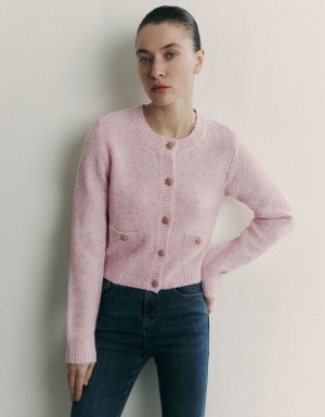 Women's Urban Revivo Crew Neck Knitted With Fake Pockets Cardigan Pink | XUX5424BU