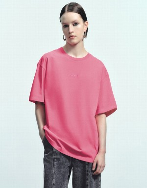 Women's Urban Revivo Crew Neck Loose T Shirts Rose Red | LPQ518XA