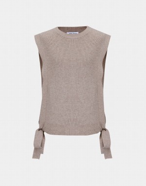 Women's Urban Revivo Crew Neck Mid-Length Knitted Tank Top Khaki | QDX7081DY