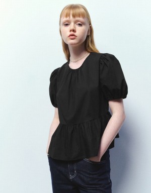 Women's Urban Revivo Crew Neck Overhead Blouse Black | XQH6876LR