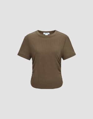 Women's Urban Revivo Crew Neck Skinny T Shirts Brown | PGT5467DP