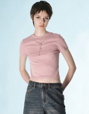 Women's Urban Revivo Crew Neck Skinny With Necklace T Shirts Pink | MDO7889BX