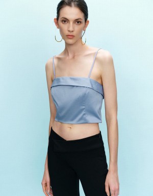 Women's Urban Revivo Cropped Cami Tank Top Blue | PDN7618JX