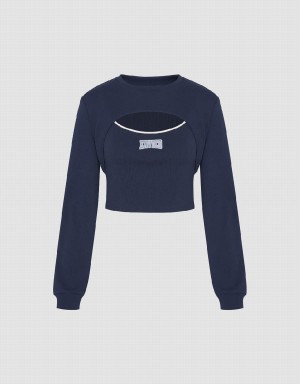 Women's Urban Revivo Cut-Out Crew Neck Knitted T Shirts Blue | SLS10082WI