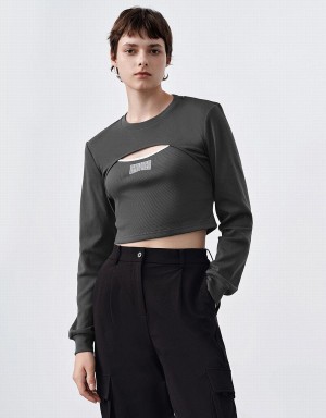 Women's Urban Revivo Cut-Out Crew Neck Knitted T Shirts Dark Grey | EYP5287DD