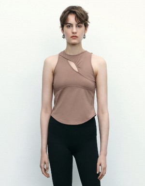 Women's Urban Revivo Cut-Out Tank Top Brown | HAZ1746BZ