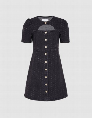 Women's Urban Revivo Cut Out Polka Dot Button Front Denim Dress Black | OKE8324MP