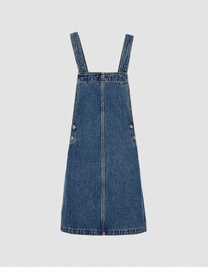 Women's Urban Revivo Denim Pinafore Dress Blue | ZKH9111SF