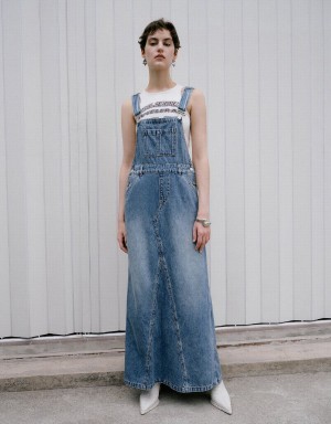 Women's Urban Revivo Denim Pinafore Dress Blue | JAT3610ZE