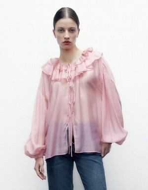 Women's Urban Revivo Drop Should Ruffle Lapel Shirts Pink | FFB9023NW