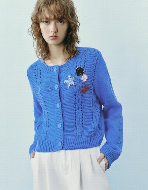 Women's Urban Revivo Drop Shoulder Sleeve Crew Neck Knitted Cardigan Blue | WOQ4972JY