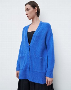 Women's Urban Revivo Drop Shoulder Sleeve V-Neck Knitted Cardigan Blue | UQO8336AS