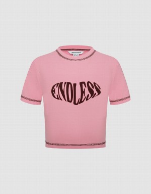 Women's Urban Revivo Endless Printed Crew Neck Skinny T Shirts Pink | QCH195CI