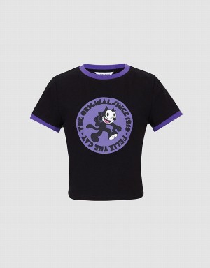 Women's Urban Revivo Felix The Cat T Shirts Black | ZFS9939VR