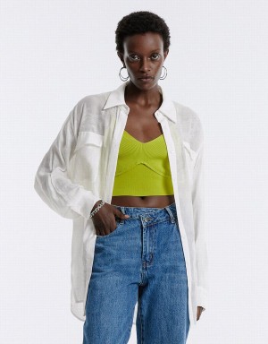 Women's Urban Revivo Flap Pocket Shirts White | ECA9252AF