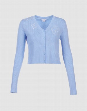 Women's Urban Revivo Floral Embroidery Button Up Cardigan Blue | NMZ1073RL