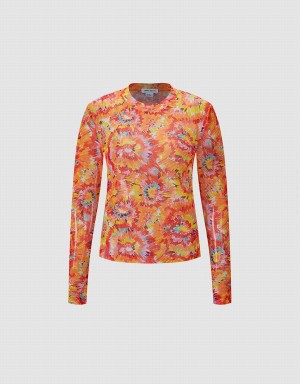 Women's Urban Revivo Floral Knitted Top T Shirts Orange Multicolor | DTN6688UG