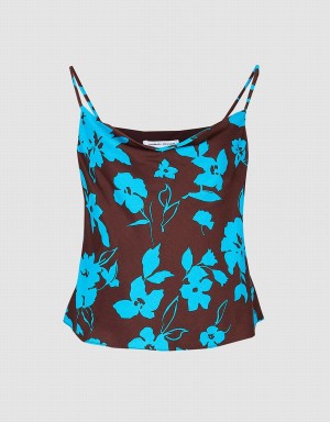 Women's Urban Revivo Floral Print Cowl Neck Cami Tank Top Blue | OLZ2646LZ