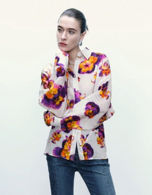 Women's Urban Revivo Flower Printed Button Up Shirts Purple | GFU1922KG