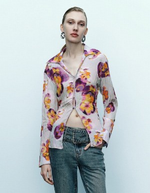 Women's Urban Revivo Flower Printed Shirts Blue | WSH4586NJ