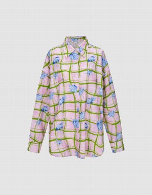 Women's Urban Revivo Flower Printed Straight Shirts Pink | ZLQ5586NN