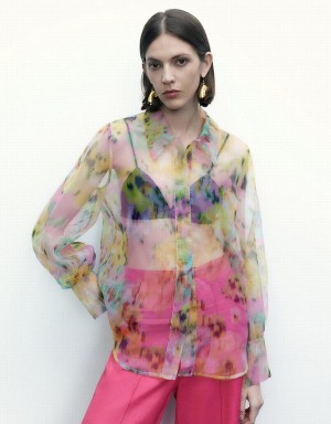 Women's Urban Revivo Flowers Printed Sheer Overhead Blouse Multicolor | WYP455DH