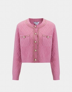 Women's Urban Revivo Fluffy Contrast Trim Faux Pearl Button Cardigan Pink | GCC5018ET