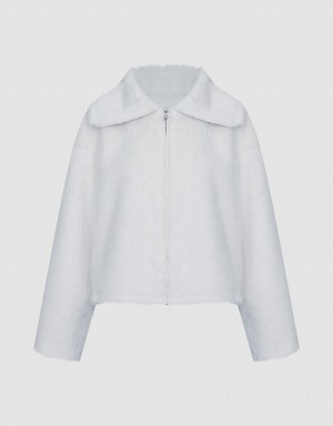 Women's Urban Revivo Fluffy Zip Up Jackets White | DCX6915VJ