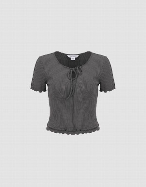 Women's Urban Revivo Frill Trim Tie Front Knitted T Shirts Grey | EEB9271UJ