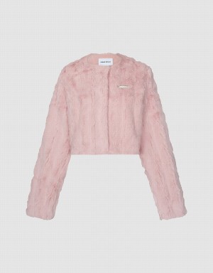 Women's Urban Revivo Furry Crew Neck Straight Coats Pink | ZOB2240JL