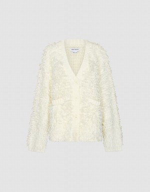 Women's Urban Revivo Furry V-Neck Knitted Cardigan White | DJL5875KN