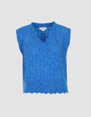 Women's Urban Revivo Fuzzy Cable Knit Tank Top Blue | CJB2636VX