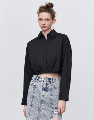 Women's Urban Revivo Gathered Waist Cropped Cotton Shirts Black | ZXT9646DJ