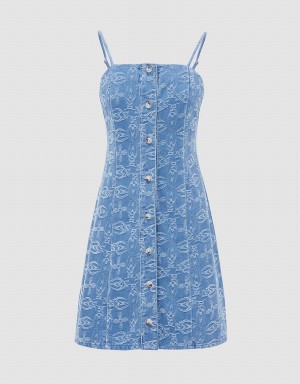 Women's Urban Revivo Geo Pattern Denim Cami Dress Blue | ZAM8192RX