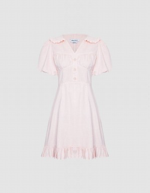 Women's Urban Revivo Half Button Ruffle Hem Denim Dress Pink | YTQ446CG