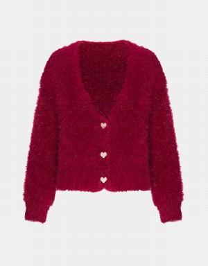 Women's Urban Revivo Heart Button Fluffy Cardigan Red | PIF535MA