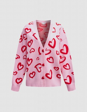 Women's Urban Revivo Heart Pattern Jacquard Button Up Oversized Cardigan Pink | SKH9493QZ