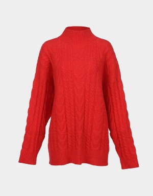 Women's Urban Revivo High Neck Cable Knit Holiday Sweaters Red | JWM261QV